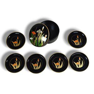 Vintage Japanese Lacquerware Coasters Set Black Floral Design With Storage Box